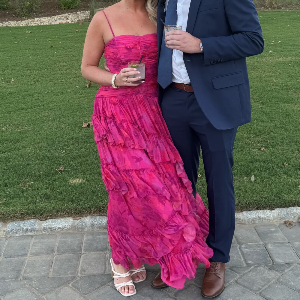 BHLDN THALIA PRINTED RUCHED SQUARE-NECK RUFFLE CHIFFON GOWN - Picture 3 of 4